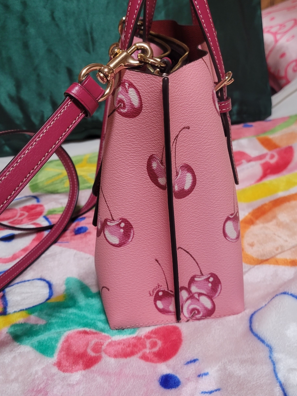 Coach Pink Cherry-Print Leather Tote with Dark Pink Trim - Picture 4 of 6